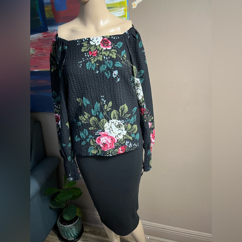 LOFT Black Floral XS Square Neck Blouse Knit Peasant Top Smocked Puff Sleeves - Picture 6 of 17